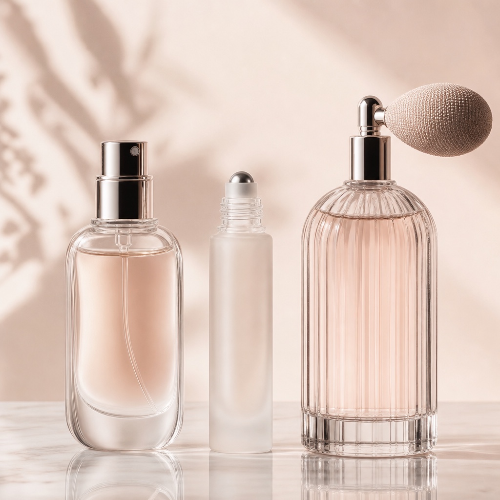 Lead-free glass perfume flacons with atomiser and roll-on — fragrance packaging supplier