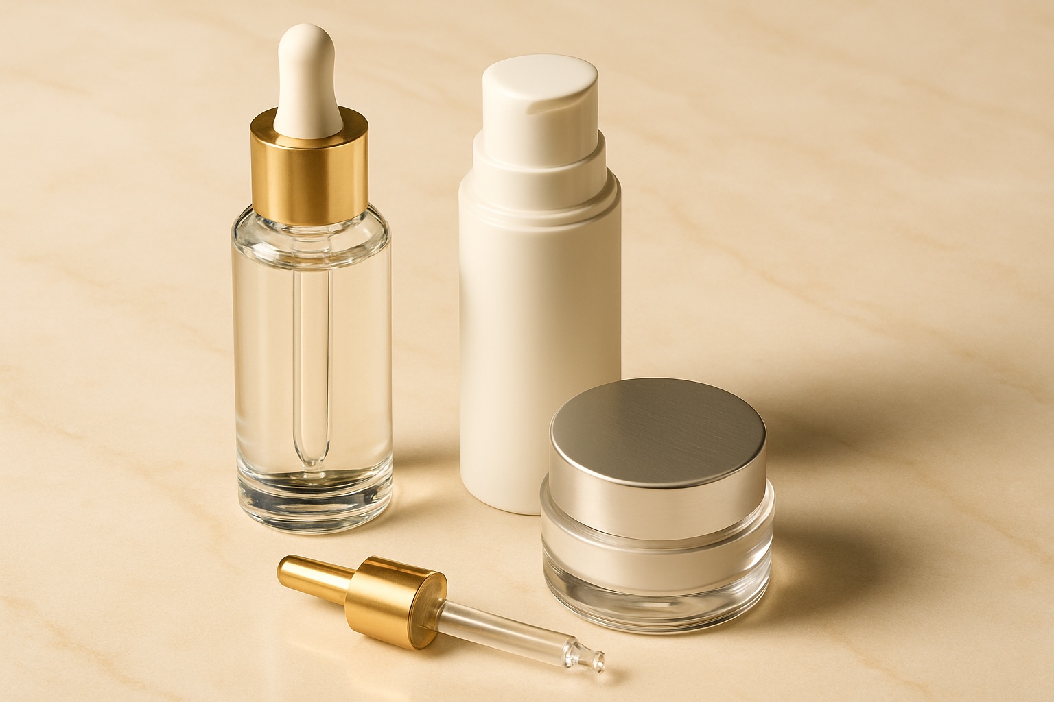 Luxury cosmetic packaging components — glass dropper bottle, airless pump and cream jar on marble surface